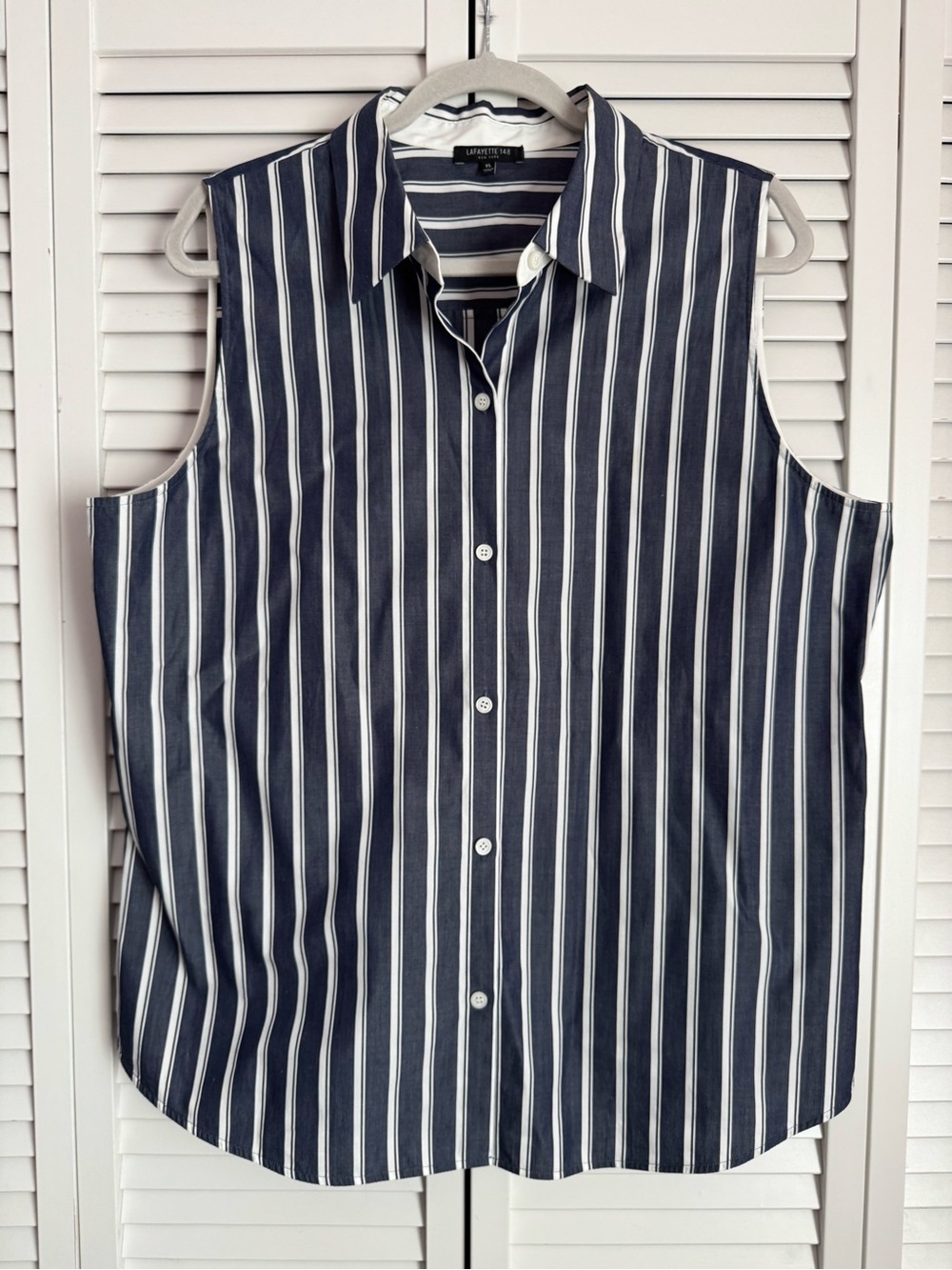 Lafayette 148 New York Cotton Sleeveless Blouse Shirt Navy White Coastal XL